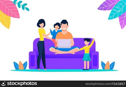 Family Watching Movie on Laptop Sitting on Couch. Smiling Man Sitting on Couch while Holding Computer in his Hands. Mother Keeps her Son. Little Girl is Standing Next to her Father. Summer Weekend