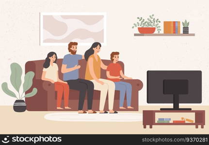 Family watching television together. Happy people watch tv in living room, young family watching movie at home. Parents and childrens watching show channel, colorful vector illustration. Family watching television together. Happy people watch tv in living room, young family watching movie at home vector illustration