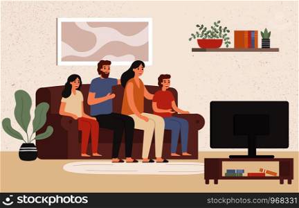 Family watching television together. Happy people watch tv in living room, young family watching movie at home. Parents and childrens watching show channel, colorful vector illustration. Family watching television together. Happy people watch tv in living room, young family watching movie at home vector illustration