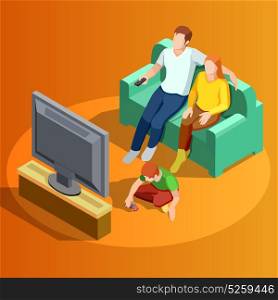 Family Watching TV Home Isometric Image. Young family watching tv in living room with little boy playing on carpet isometric view vector illustration