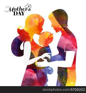 Family. Watercolor mother silhouette with her baby and husband. Card of Happy Mothers Day. Vector illustration with beautiful woman, man and child