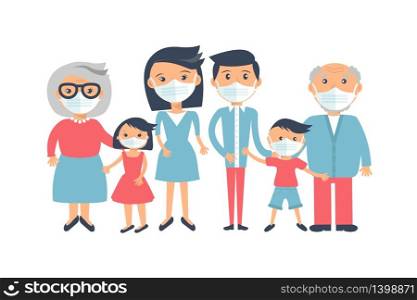 Family wearing protective Medical mask for prevent virus Wuhan Covid-19. Dad Mom Daughter Son Grandmother and Grandfather on white background. Coronavirus protection social media design.. family wearing protective Medical mask for prevent virus Wuhan Covid-19.