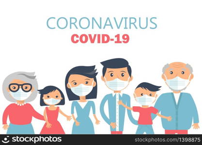 Family wearing protective Medical mask for prevent virus Wuhan Covid-19. Dad Mom Daughter Son Grandmother and Grandfather on white background. Coronavirus protection social media design.. family wearing protective Medical mask for prevent virus Wuhan Covid-19.