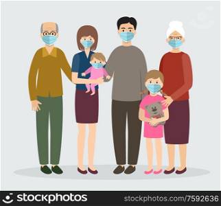 Family wearing protective Medical mask. Mom, dad, grandmother, grandfather, children. Epidemic. Virus. Vector flat illustration.