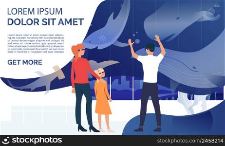 Family wearing VR glasses and watching shark and whales. Gadget, cyberspace, technology concept. Presentation slide template. Vector illustration for topics like virtual reality, underwater VR