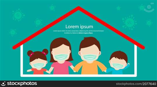Family wearing with protective mask, prevention spread coronavirus covid 19. vector illustration