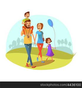 Family Weekend Illustration . Family weekend concept with parents and children walking cartoon vector illustration