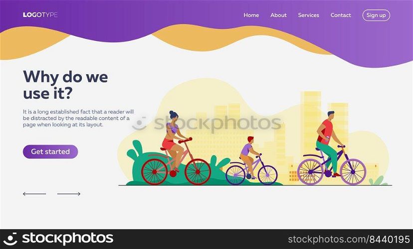 Family weekend outdoors. Man, woman, boy riding bikes in park. Parent couple cycling with son. Vector illustration for summer activity, leisure, recreation concept