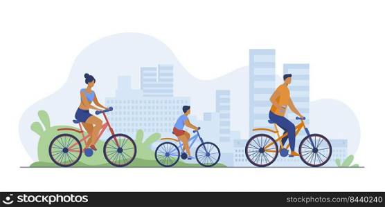 Family weekend outdoors. Man, woman, boy riding bikes in park. Parent couple cycling with son. Vector illustration for summer activity, leisure, recreation concept