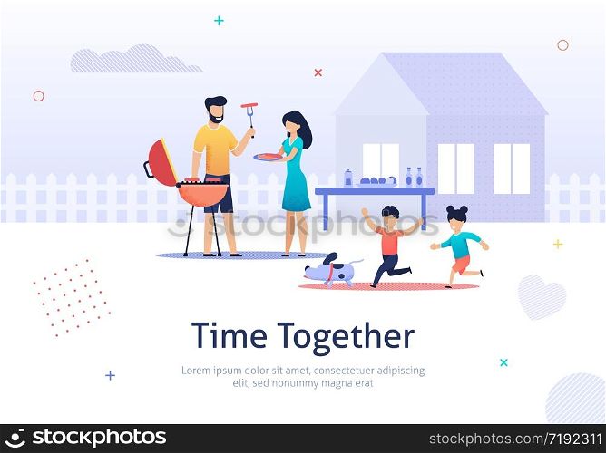 Family Weekend Together banner. Parents and Children have Barbecue Time Vector Illustration in Flat Style. Children Running with Dog. Father Grilling Sausages near House. Boy and Girl playing.