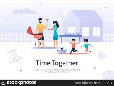 Family Weekend Together banner. Parents and Children have Barbecue Time Vector Illustration in Flat Style. Children Running with Dog. Father Grilling Sausages near House. Boy and Girl playing.