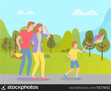 Family weekend with parents and child walking in the park cartoon vector illustration. Fun family walking, rest at nature on the vacation. Dad carries a basket of picnic products, boy launches a kite. Family walking in the park on weekend. Dad carries a basket of picnic products, boy launches a kite