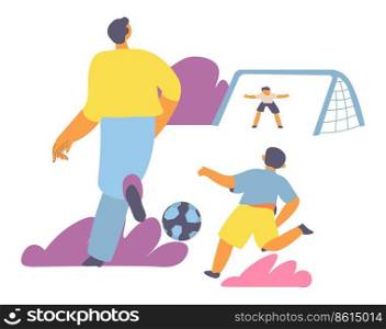 Family weekends or vacation, isolated father playing football with son and his friends. Dad participating in soccer game, bonding and relationship. Child and daddy outdoors, vector in flat style. Dad and son playing football, family weekends