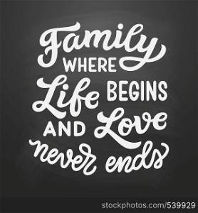 Family where life begins and love never ends. Hand drawn family inspirational quote on chalkboard background. Vector typography for home decor, posters, prints, pillows