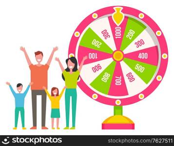 Family winning money prize, fortune wheel, success in gambling. Colorful lottery equipment, parents standing with kids near roulette machine, bingo vector. Fortune Wheel, Roulette Machine, Family Vector