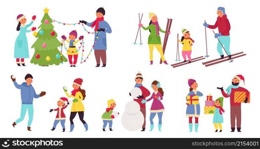 Family winter activities. Enjoying vacations, woman man wear warm clothes. Isolated fun children, snow happy christmas holidays decent vector scenes. Illustration of family outdoor, people in sport. Family winter activities. Enjoying vacations, woman man wear warm clothes. Isolated fun children, snow happy christmas holidays decent vector scenes