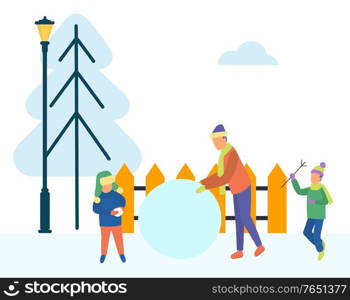 Family winter activities outdoors. Dad and sons sculpting snowman. Construction made of snow. City park with pine tree, fence and lantern. Father and children on vacation playing together vector. Father and Children Sculpting Snowman Outdoors