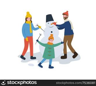 Family winter activity, father mother and kid playing outdoors vector. People building snowman from snow, wearing warm clothes to protect form cold. Family Winter Activity, Father Mother and Kid