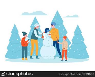 Family winter activity. Happy children and parents make snowman in park, husband, wife and kids having fun together outdoor holiday vector concept. Family winter activity. Happy children and parents make snowman in park, husband, wife and kids having fun together outdoor. Vector concept
