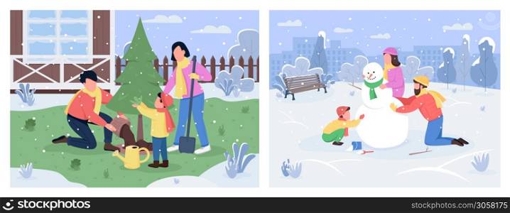 Family winter activity semi flat vector illustration set. Tree planting in backyard. Snowman in urban park. Parents and children 2D cartoon characters for commercial use collection. Family winter activity semi flat vector illustration set