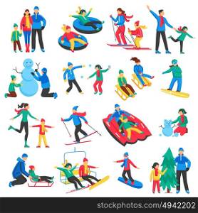 Family Winter Sports Icons Set. Family winter sports icons set with adults and children skiing skating making snowman flat isolated vector illustration