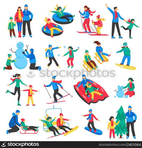 Family winter sports icons set with adults and children skiing skating making snowman flat isolated vector illustration . Family Winter Sports Icons Set