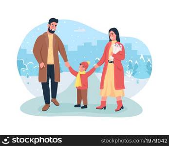 Family winter walk 2D vector isolated illustration. Father and mother holding son hands. Parents with child flat characters on cartoon background. Wintertime recreation colourful scene. Family winter walk 2D vector isolated illustration