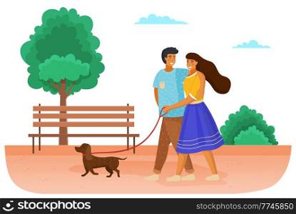 Family with a dog is walking on the street. Couple in relationship with a pet spends time outdoors. The owners with the animal together on a leash in the park. Cute happy smiling girl and guy on date. Family with a dog is walking on the street. Couple in relationship with a pet spends time outdoors