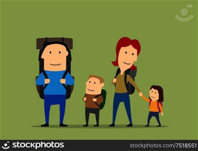 Family with backpacks. Father, mother, boy, girl on hiking. Happy parents and kids on trekking route. Backpacking adventure vector background with characters. Family with backpacks. Parents and kids hiking