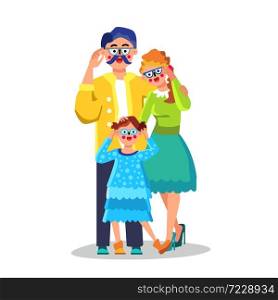 Family With Bad Vision Wearing Eye Glasses Vector. Happy Smiling Man Father, Woman Mother And Little Girl Daughter Wear Glasses On Face. Characters Eyeglasses Store Flat Cartoon Illustration. Family With Bad Vision Wearing Eye Glasses Vector