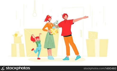 Family With Carton Boxes Moving In House Vector. Happy Parents Mother And Father With Daughter Moving In New Home Apartment. Characters Man, Woman And Little Girl Flat Cartoon Illustration. Family With Carton Boxes Moving In House Vector