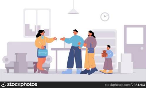 Family with child buying house, real estate agent giving keys to buyers in office. Happy couple with kid purchasing property. Parents characters with son move to new home, Line art vector illustration. Family with child buying house, real estate agent