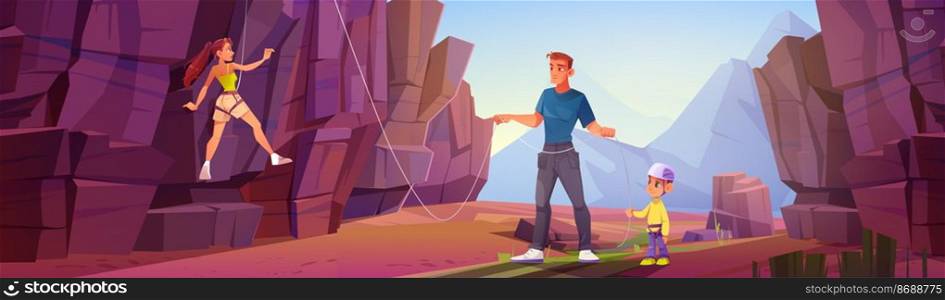 Family with child climbing mountain, woman rock climber on stone wall, man and little kid in helmet holding rope on summertime landscape. Alpinist adventure, extreme sport Vector cartoon illustration. Family with child climbing mountain, extreme sport