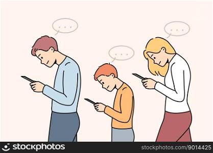 Family with child walk using cellphone. Parents and kid addicted to smartphones. Technology and gadgets addiction. Vector illustration. . Parents with child addicted to smartphones 