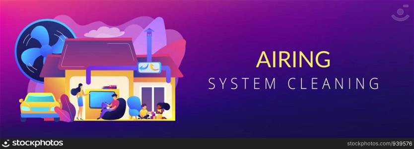 Family with children in house with air ventilation system. Ventilation system, energy recovery ventilation, airing system cleaning concept. Header or footer banner template with copy space.. Ventilation system concept banner header.