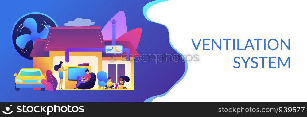 Family with children in house with air ventilation system. Ventilation system, energy recovery ventilation, airing system cleaning concept. Header or footer banner template with copy space.. Ventilation system concept banner header.