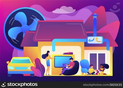 Family with children in house with air ventilation system. Ventilation system, energy recovery ventilation, airing system cleaning concept. Bright vibrant violet vector isolated illustration. Ventilation system concept vector illustration.