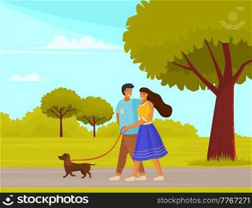 Family with dog is walking on street. Couple in relationship with pet spends time outdoors. Owners with animal together on leash in city park with green trees. Cute happy smiling girl and guy on date. Family with dog is walking on street. Couple in relationship with pet spends time outdoors