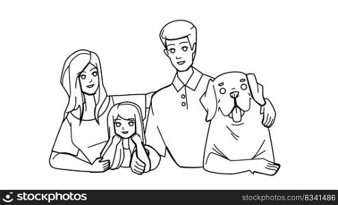 family with dog line pencil drawing vector. pet summer, love happy, animal together, cute child, father mother, young beautiful, smiling family with dog character. people Illustration. family with dog vector