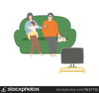 Family with dog sitting together on sofa and watching TV, kid embracing mom, man holding remote, people portrait view isolated on white, room vector. People Watching TV, Sitting on Sofa, Family Vector