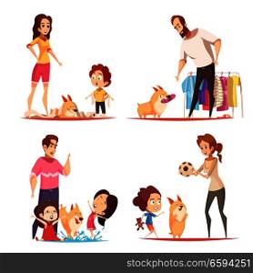 Family with favorite puppy during game, pranks with toilet paper and water, design concept isolated vector illustration. Favorite Puppy Design Concept