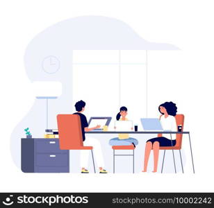 Family with gadgets. Mom, dad and kid with laptops and tablets at table together. Internet addiction, online lifestyle vector concept. Man and woman, mother and father with kid online illustration. Family with gadgets. Mom, dad and kid with laptops and tablets at table together. Internet addiction, online lifestyle vector concept