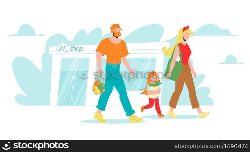 Family With Groceries In Zero Waste Bag Vector. Man Father, Woman Mother And Girl Daughter Going With Fruits And Vegetables In Eco Natural Zero Waste Package. Characters Flat Cartoon Illustration. Family With Groceries In Zero Waste Bag Vector