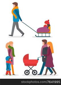 Family with kid in baby carriage walking together. Walk of parents and children outdoor in winter. Father rides daughter on vector sleigh. People in warm clothes like scarf and overcoat strolling. Parents with Children Walking Outdoor Together
