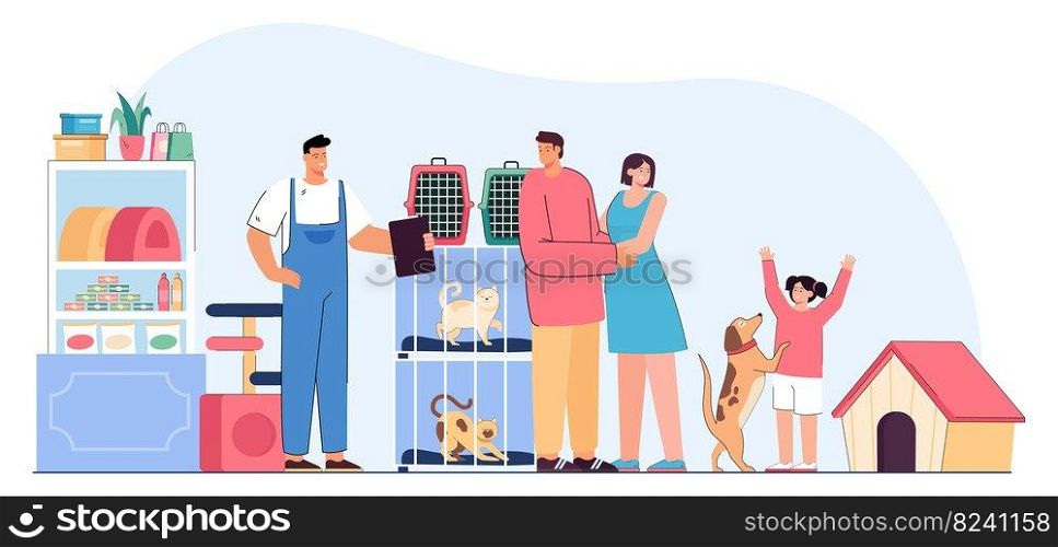 Family with kid in pet shop flat vector illustration. Happy mother, father and daughter taking dog from shelter, talking with owner. Cages with cats in background. Pet, domestic animal concept