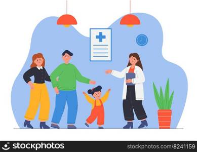 Family with kid visiting pediatrician flat vector illustration. Mother and father taking care ofχlds hea<h, talking with doctor in office. Theraπst making diagnosis to patient. Hosπtal concept