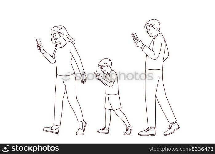 Family with kid walking street holding smartphones. Addicted parents and child using cellphone. Mobile phones and technology addiction. Vector illustration. . Family with kid addicted to smartphones 