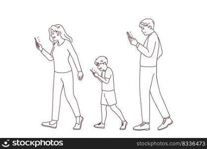 Family with kid walking street holding smartphones. Addicted parents and child using cellphone. Mobile phones and technology addiction. Vector illustration. . Family with kid addicted to smartphones 