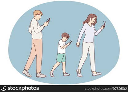 Family with kid walking street holding smartphones. Addicted parents and child using cellphone. Mobile phones and technology addiction. Vector illustration.. Family with kid addicted to smartphones