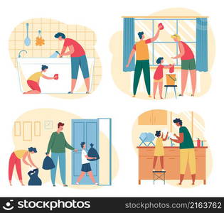 Family with kids clean house together concept. Vector house work and do household, clean and wash, housekeeping helping illustration. Family with kids clean house together concept